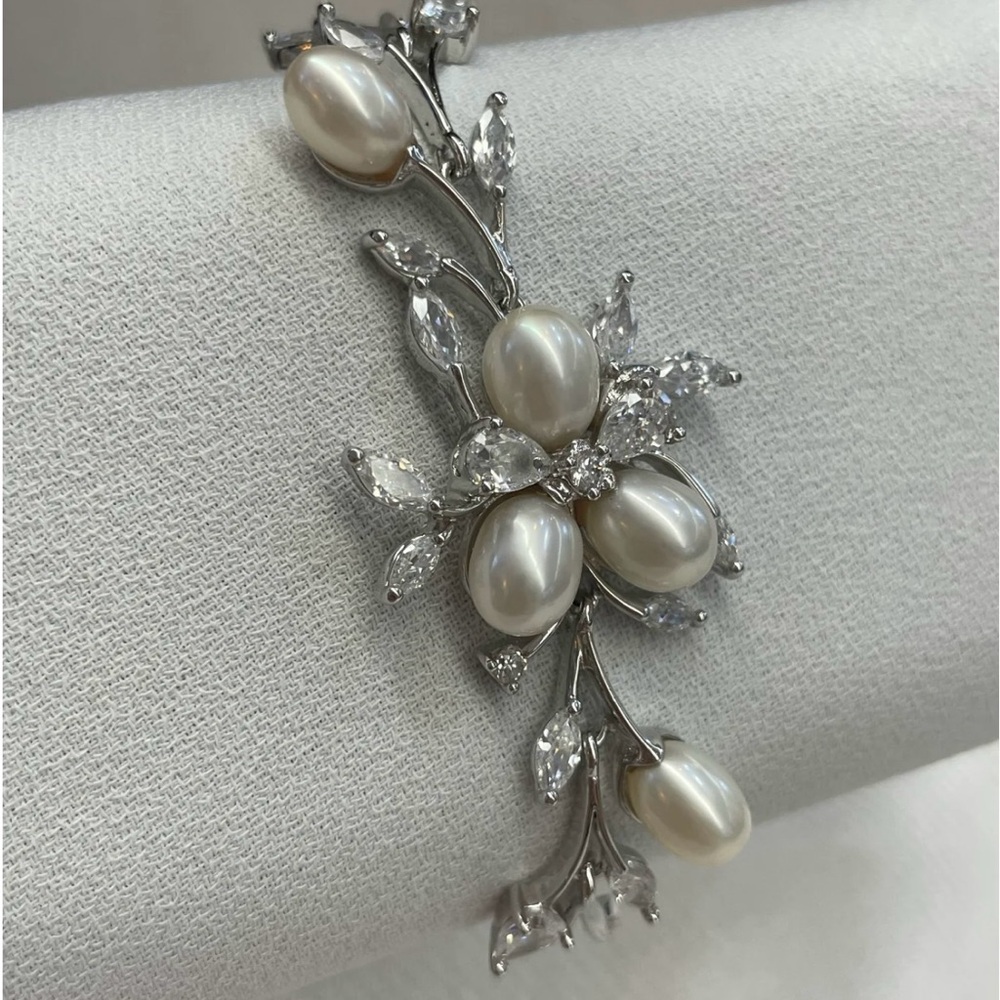 Freshwater Pearl and CZ Floral Bracelet